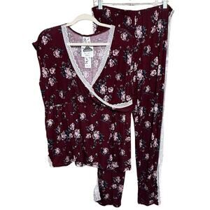 Nurture by Lamaze NURSING PAJAMA SET Size 1X Red Wine Floral Knit 2 Piece NEW